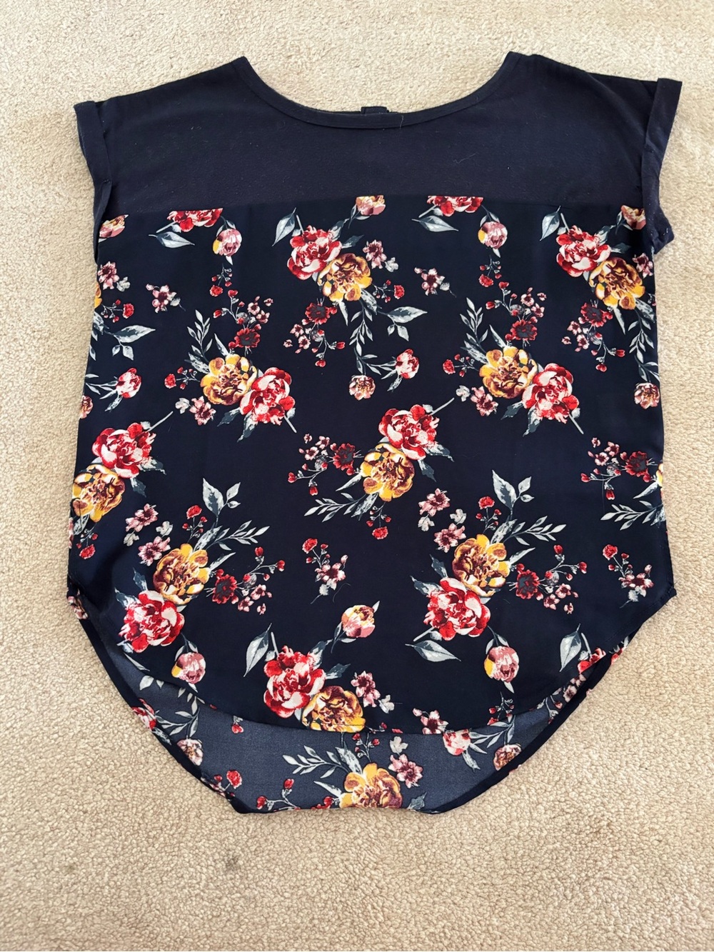 Rewind Navy Floral Short Sleeve Top with Red & Yellow Blooms